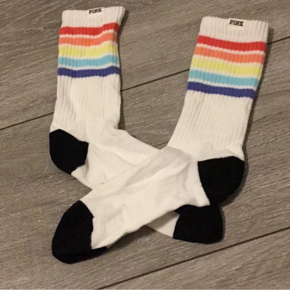 PINK rainbow striped crew long socks - Picture 1 of 2